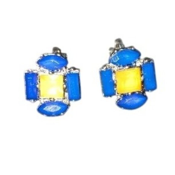 Vintage Blue Yellow Clip-On Earrings Silver-Tone Details Retro Geometric Design - Picture 7 of 7